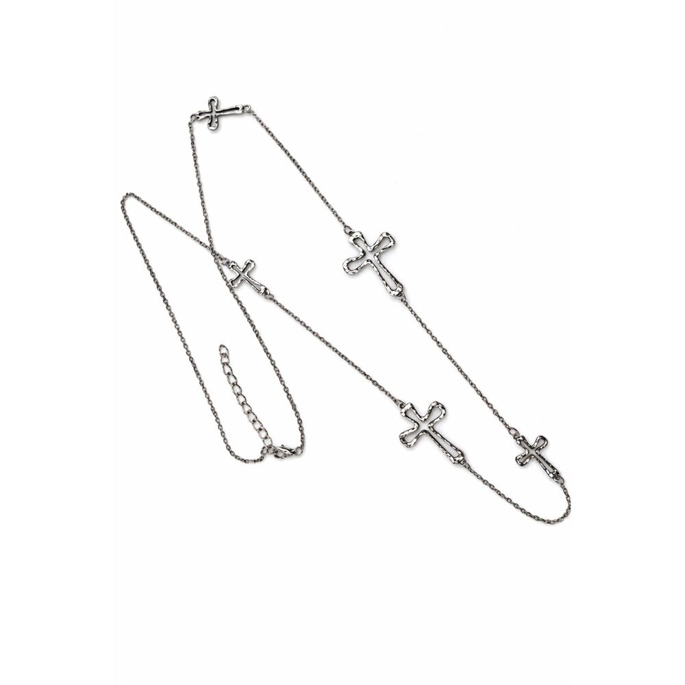 Christian Cross Station Necklace 36” Silver Tone Chain Hammered Brutalist Style